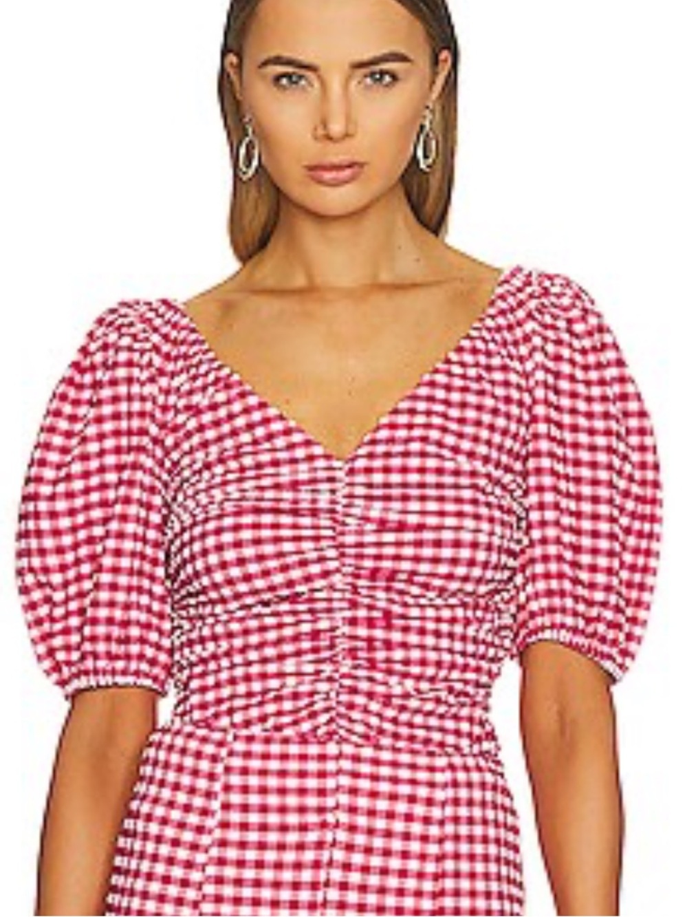 Ganni Love Potion Pink Seersucker Ruched v-neck Puff Sleeve Blouse Top Large/40